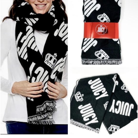 Juicy Couture soft acrylic logo cold weather knit scarf/wrap black & white NWT! - Picture 1 of 6